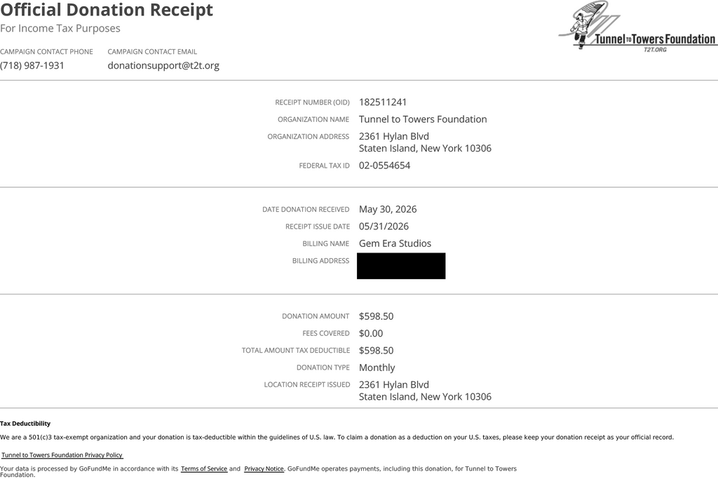 Charity Receipt - Tunnels to Towers