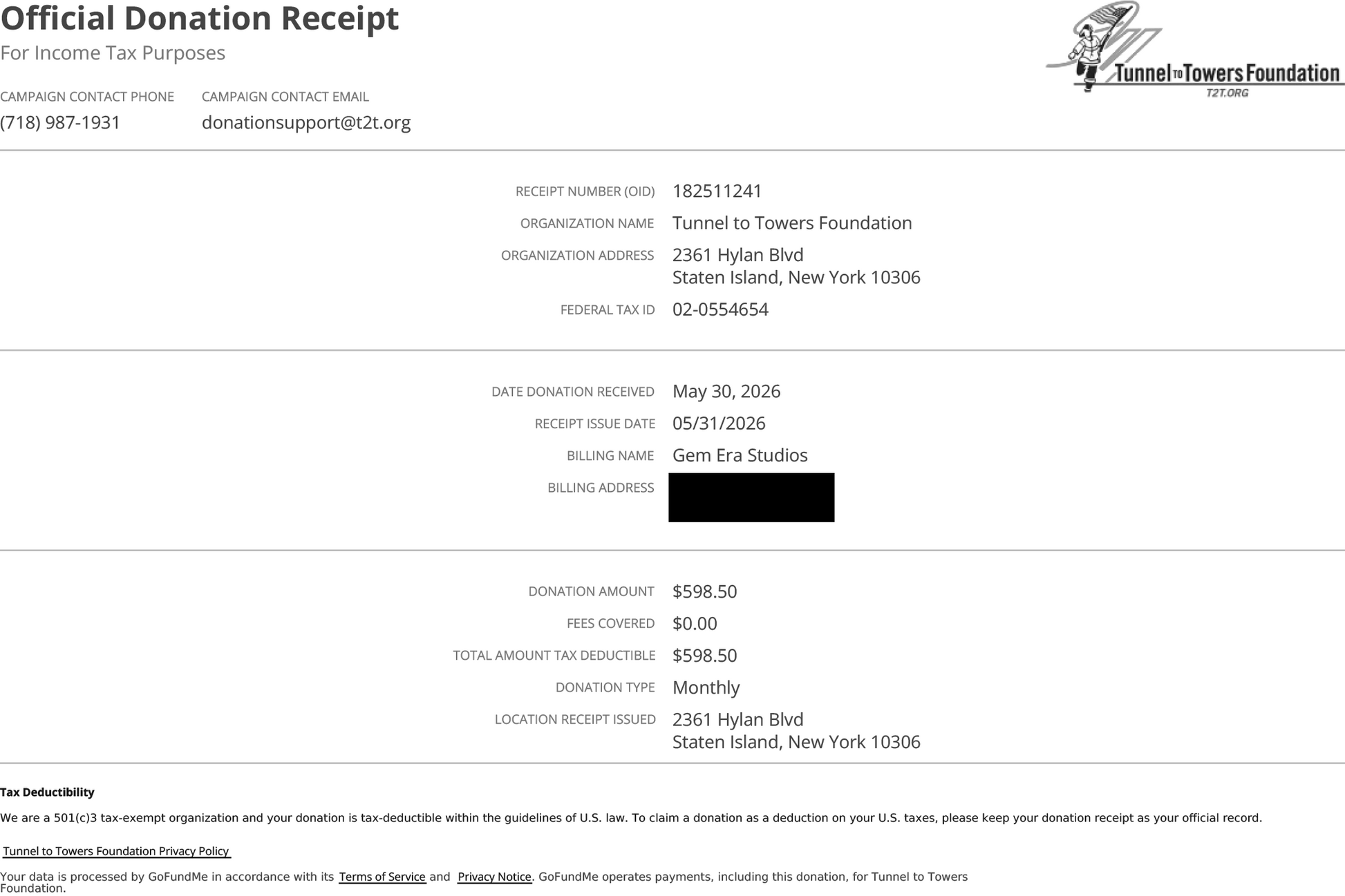 Charity Receipt - Tunnels to Towers